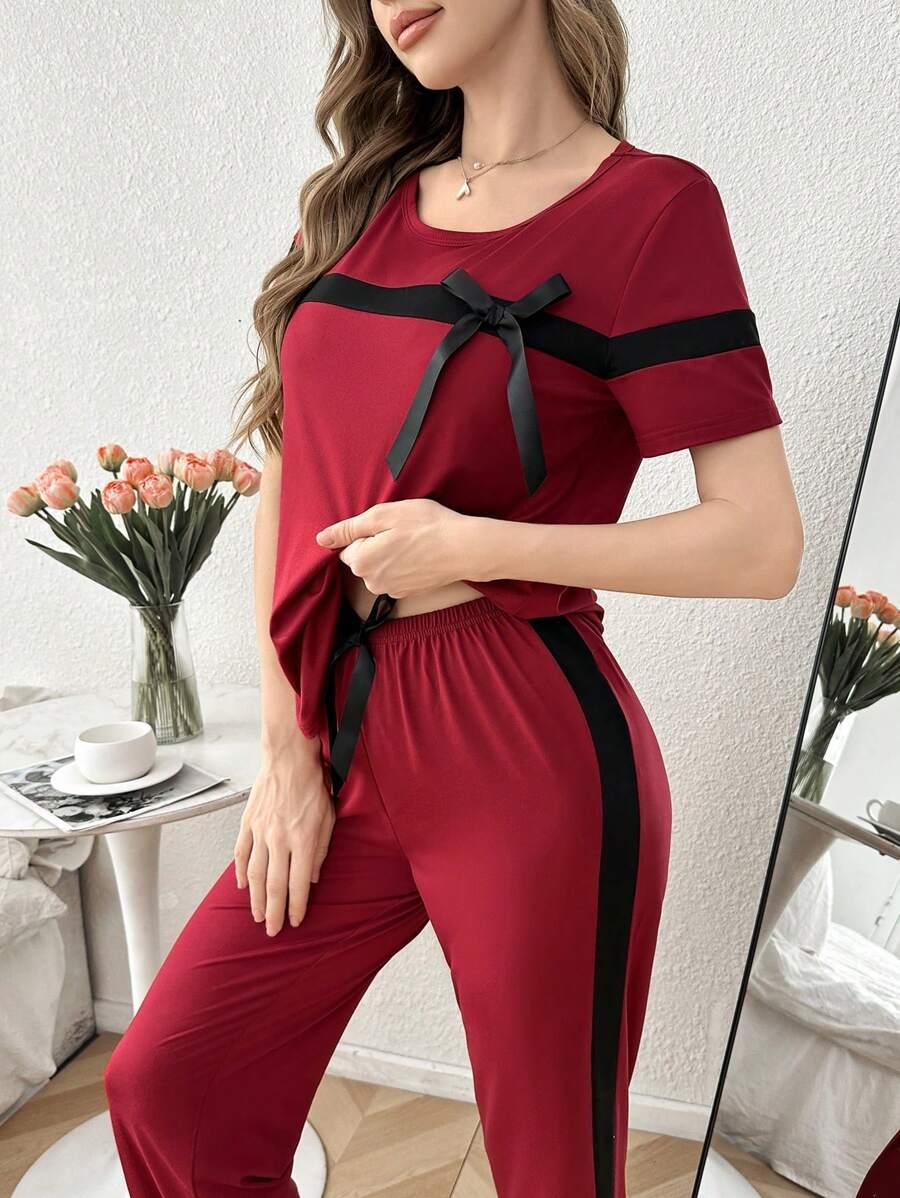 piżama komplet t-shirt spodnie kontrast kokarda 