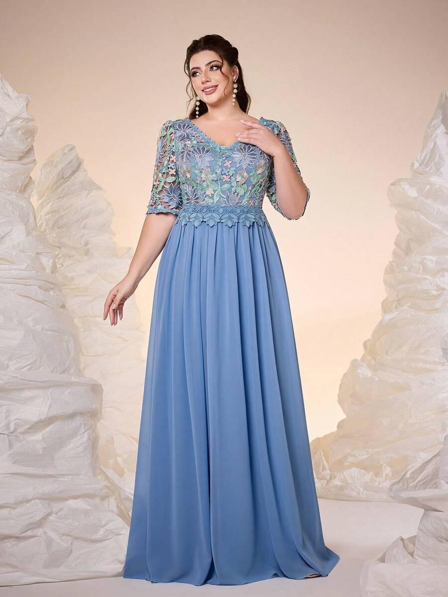 niebieska maxi sukienka haft łączenie v-neck