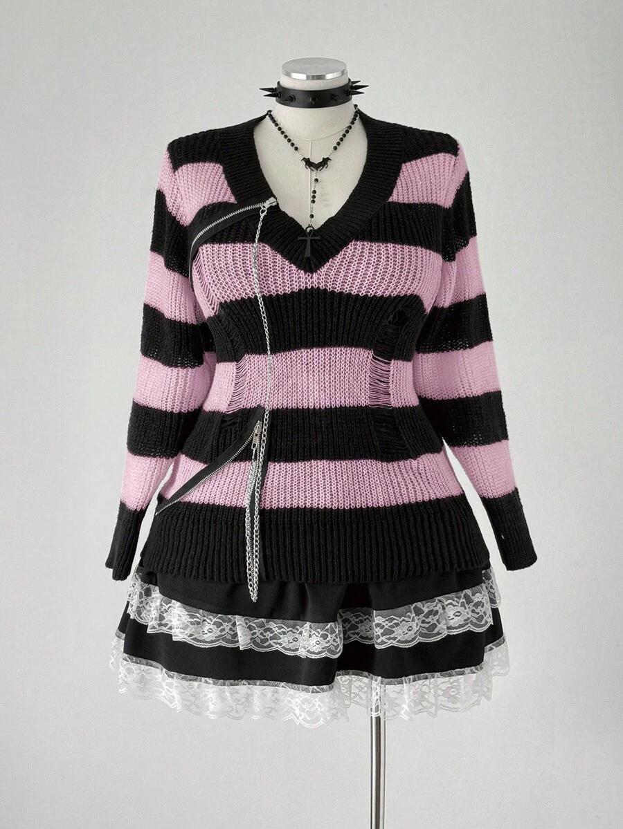 sweter ripped paski v-neck zip