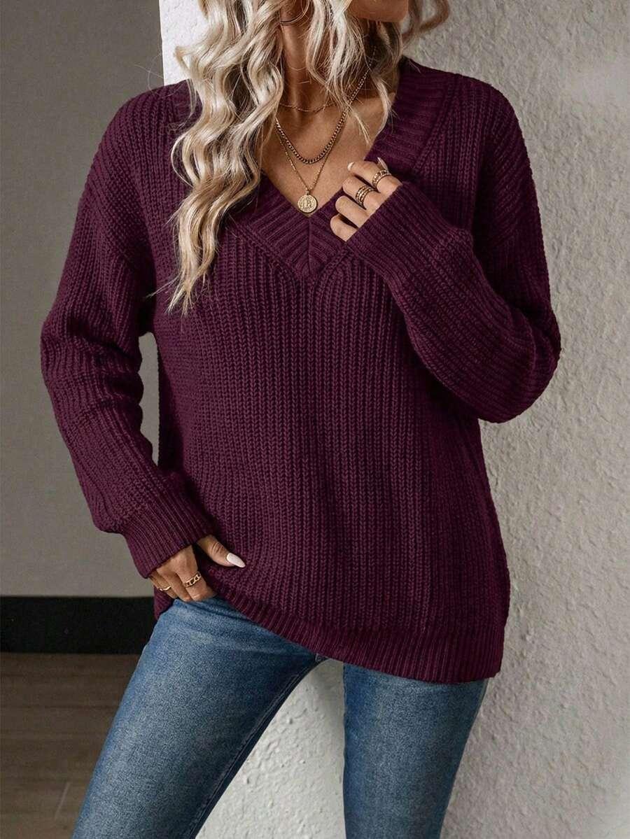 bordowy sweter splot v-neck
