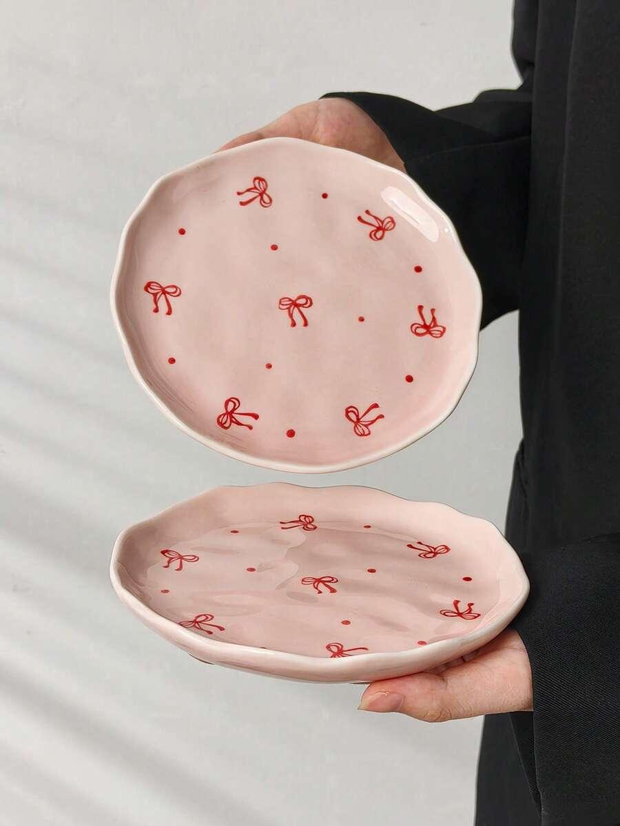 różowy talerz wzór kokardy 2-pack