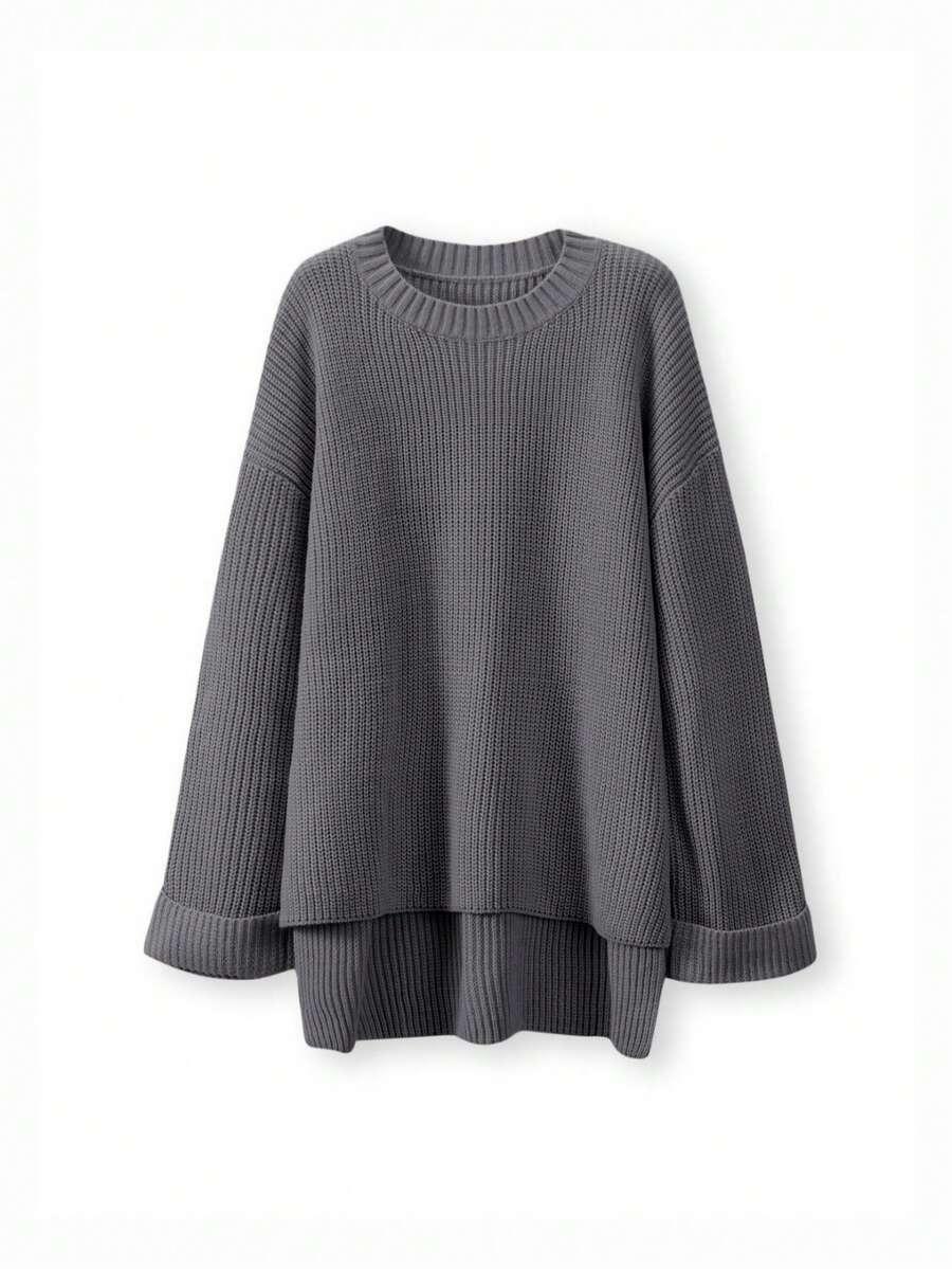 SWETER Z DZIANINY W JEDNOLITYM KOLORZE Z ROZCIĘCIEM 