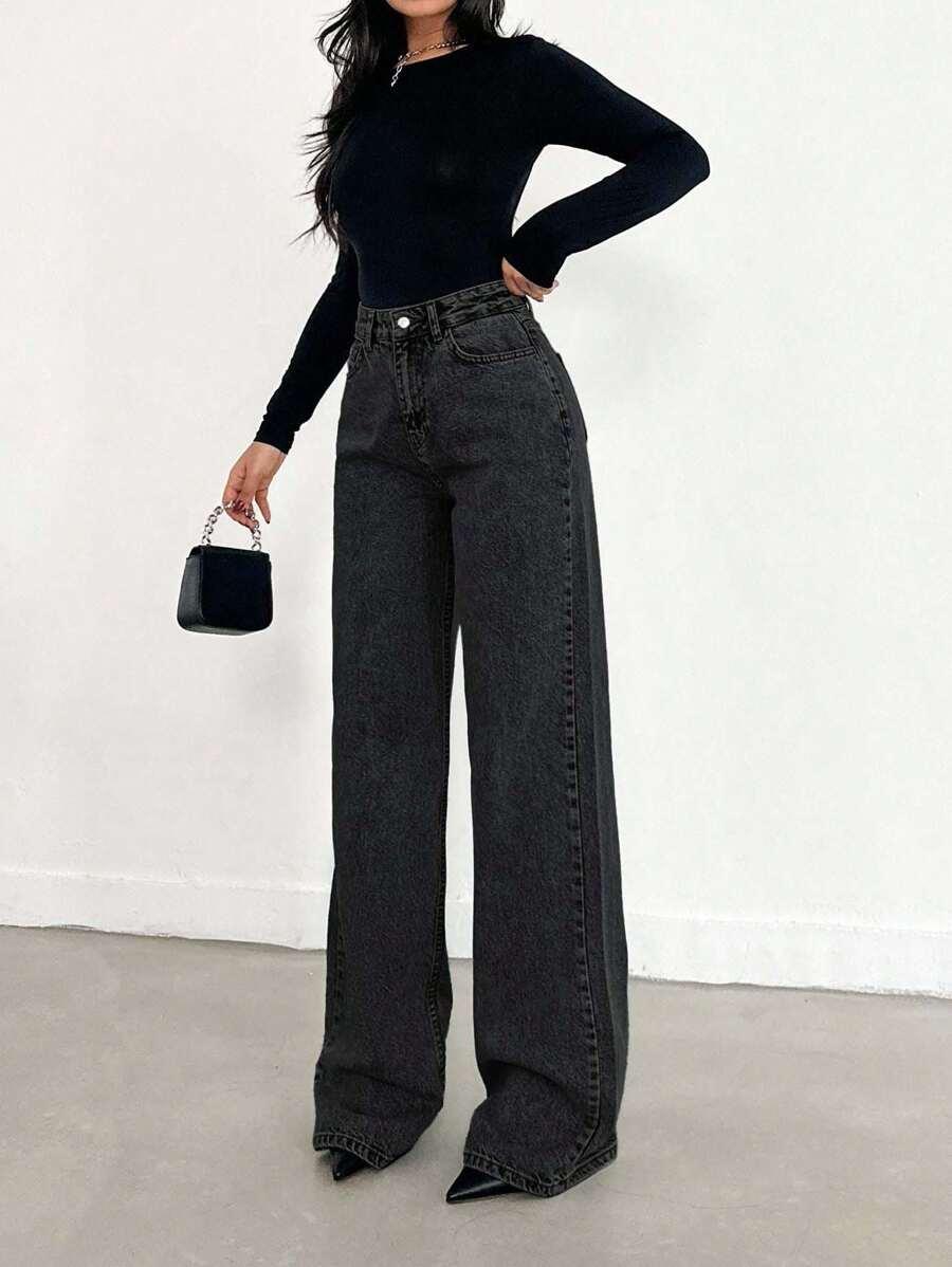 SZARE SPODNIE JEANS WYSOKI SATN