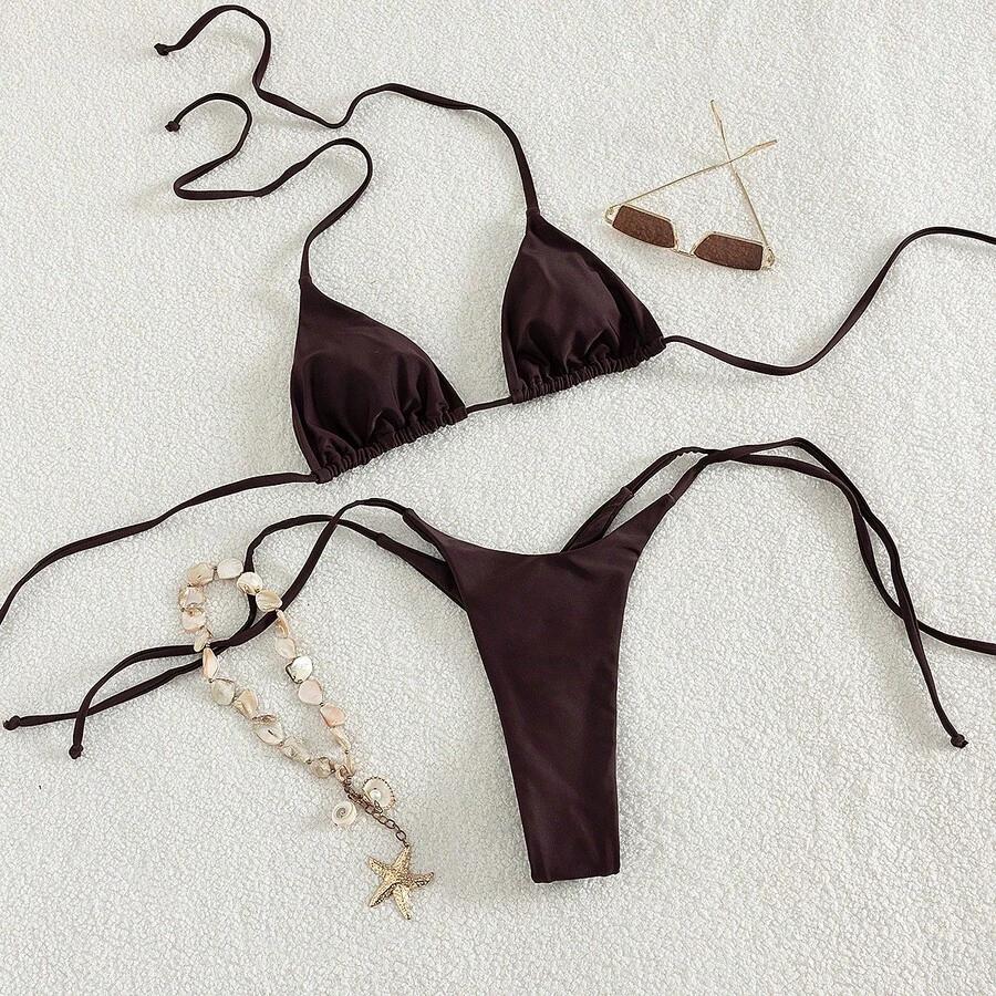 dwuczęściowy brązowy wiązany komplet bikini