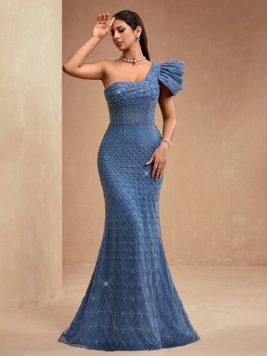 niebieska sukienka maxi zdobienia połysk 