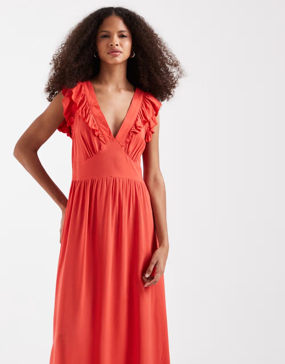 czerwona mai sukienka v-neck falbana
