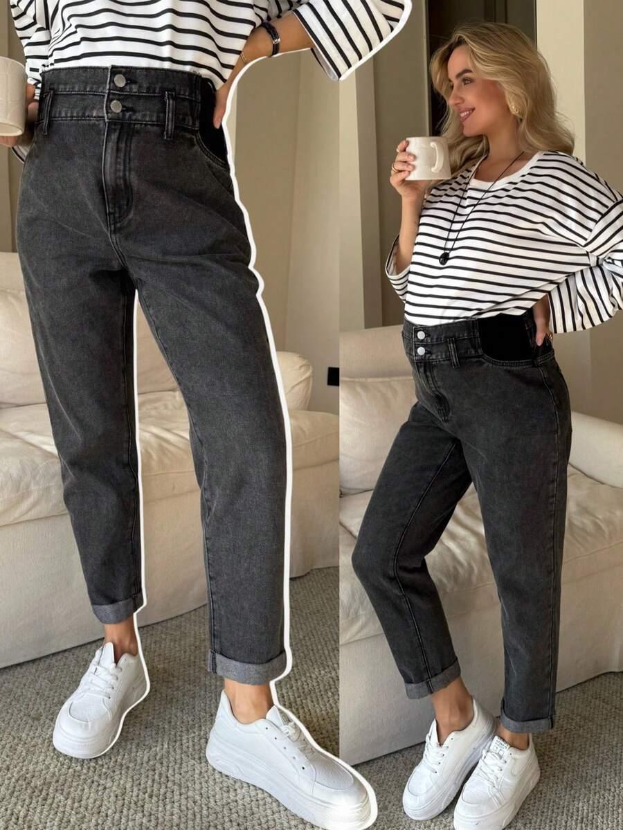 szare spodnie jeans wysoki stan