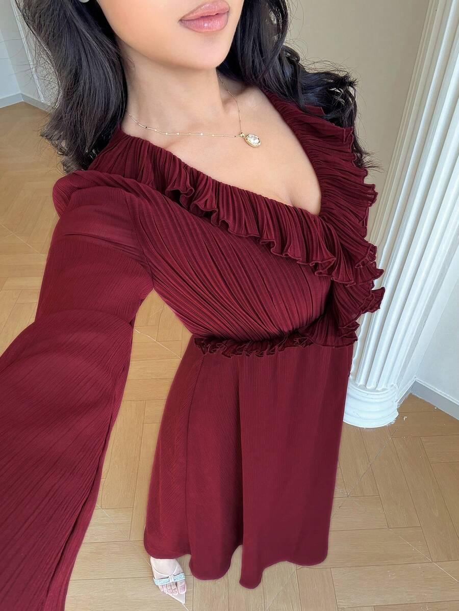 maxi sukienka długi rękaw v neck falbana 