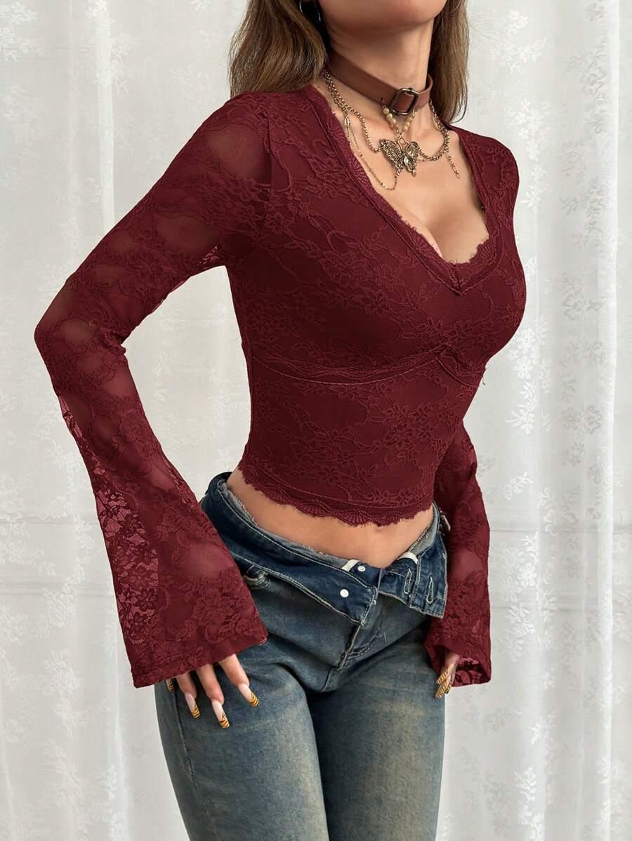 BORDOWA BLUZKA V-NECK KORONKA