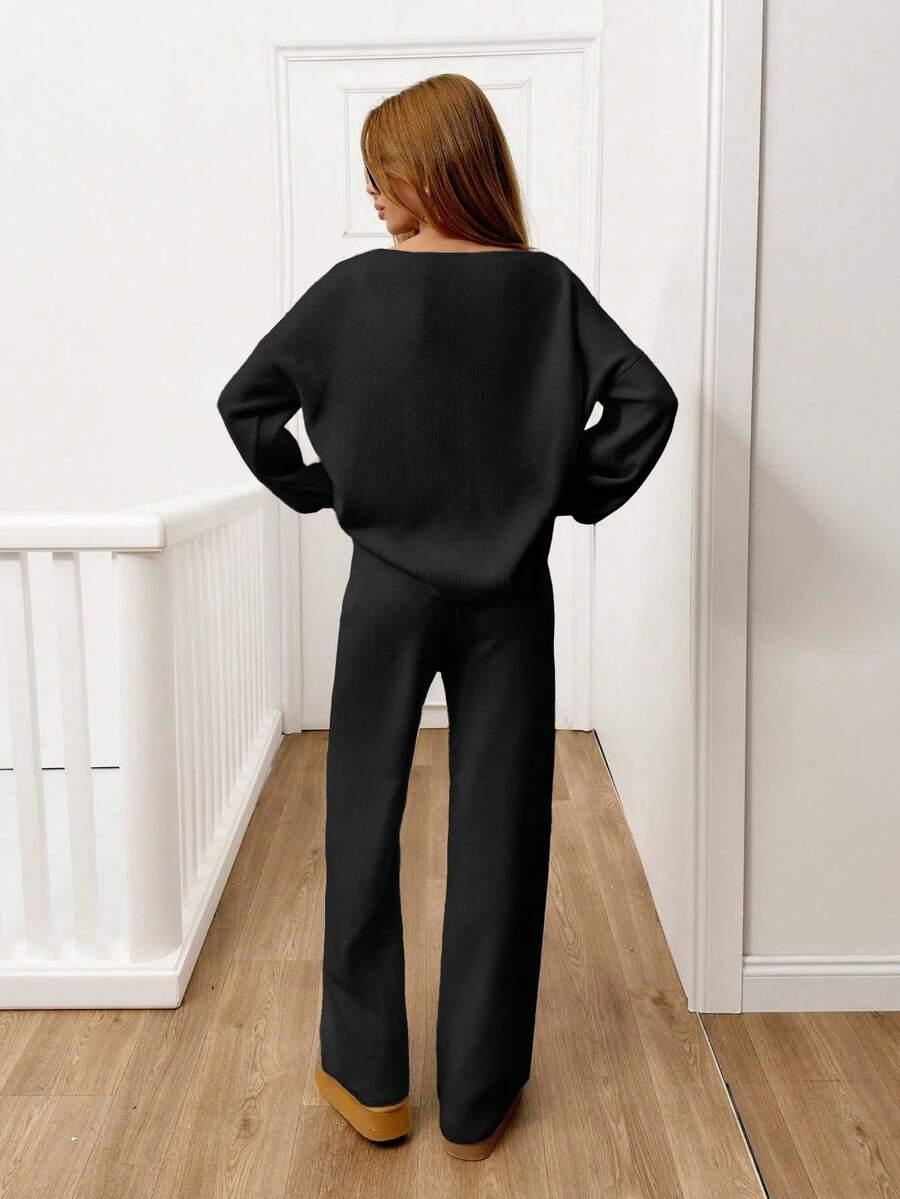 CZARNY DZIANINOWY SWETER SPODNIE KOMPLET 