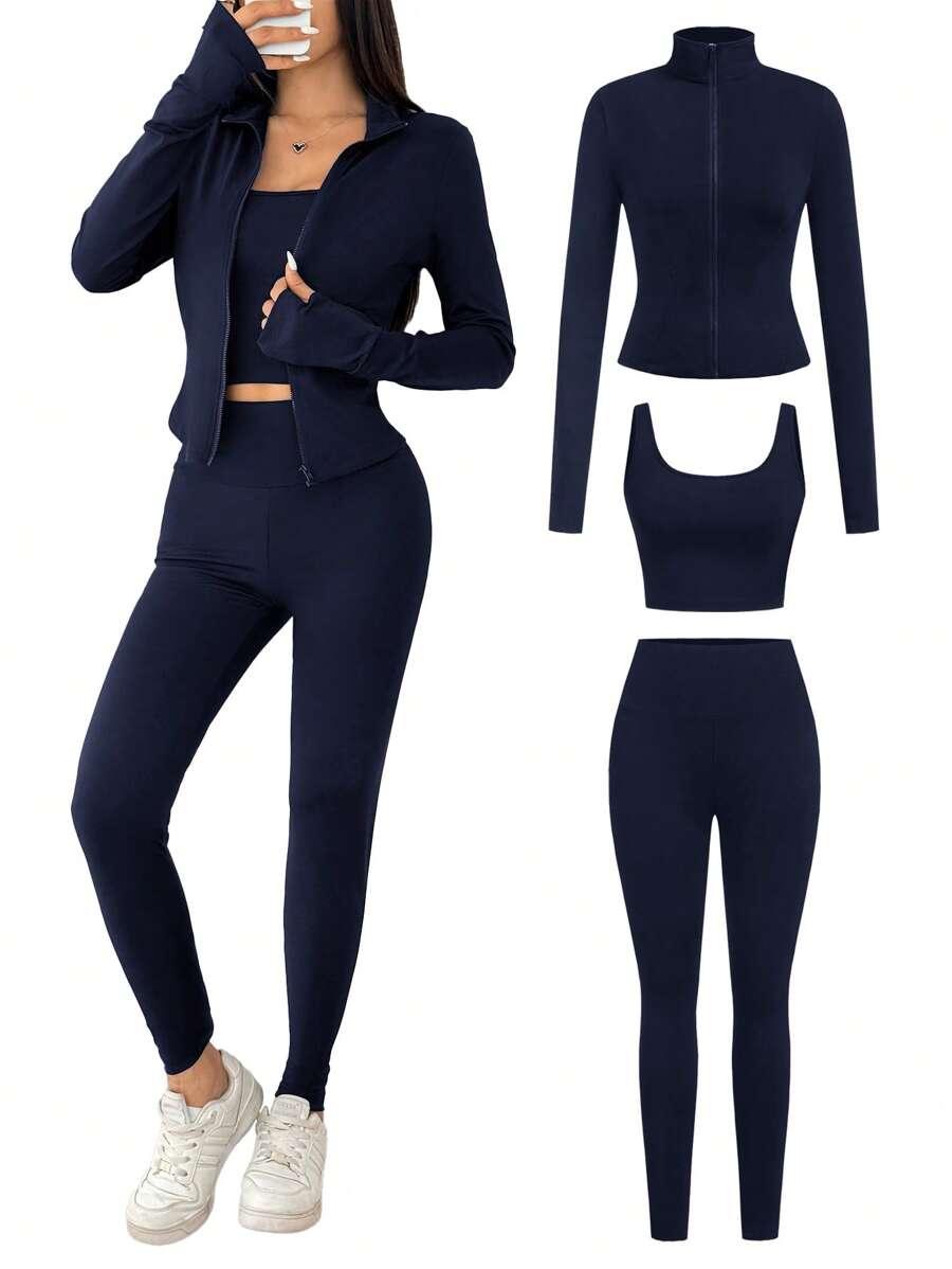 GRANATOWY KOMPLET LEGGINSY BLUZA TOP