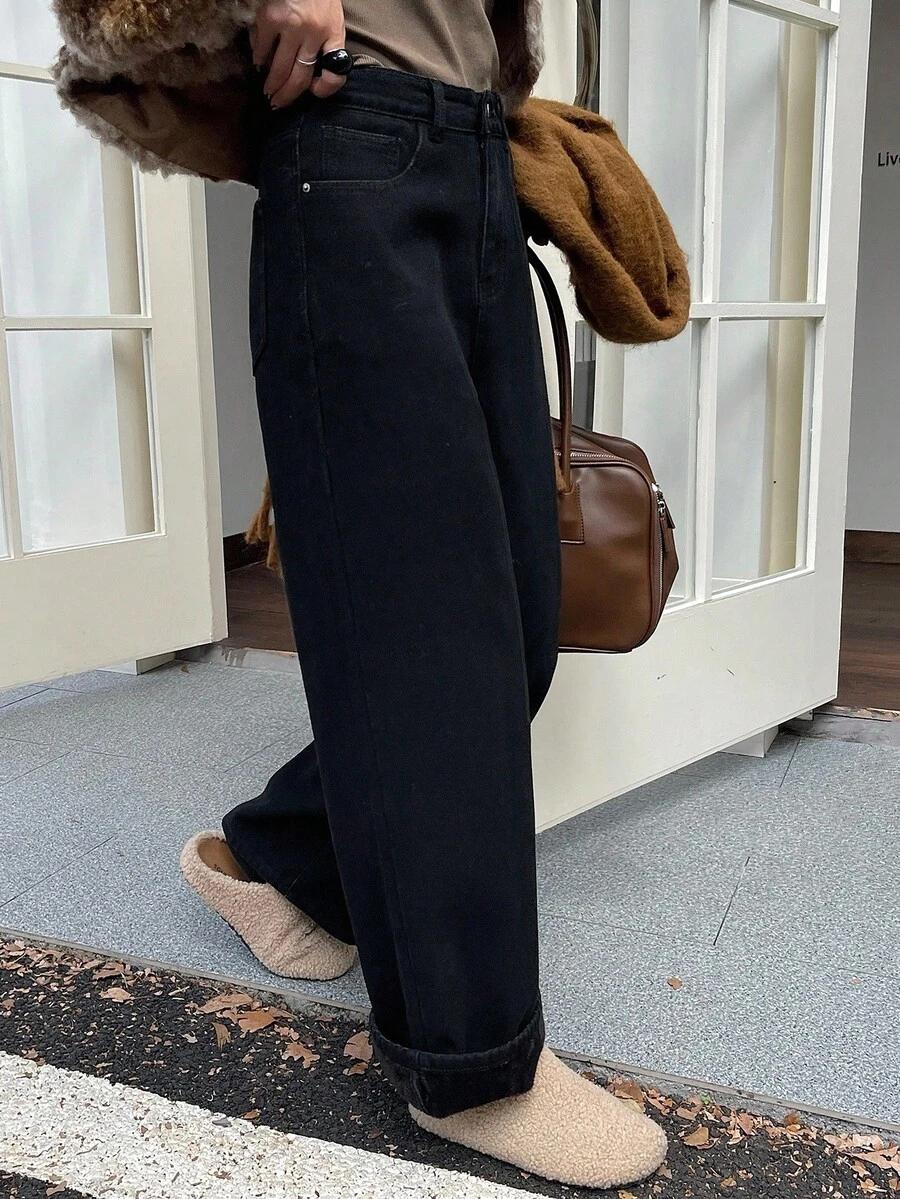CZARNE OCIEPLANE SPODNIE JEANS
