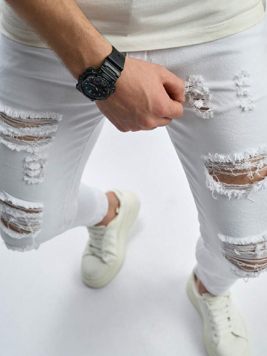 białe spodnie rurki jeans ripped 