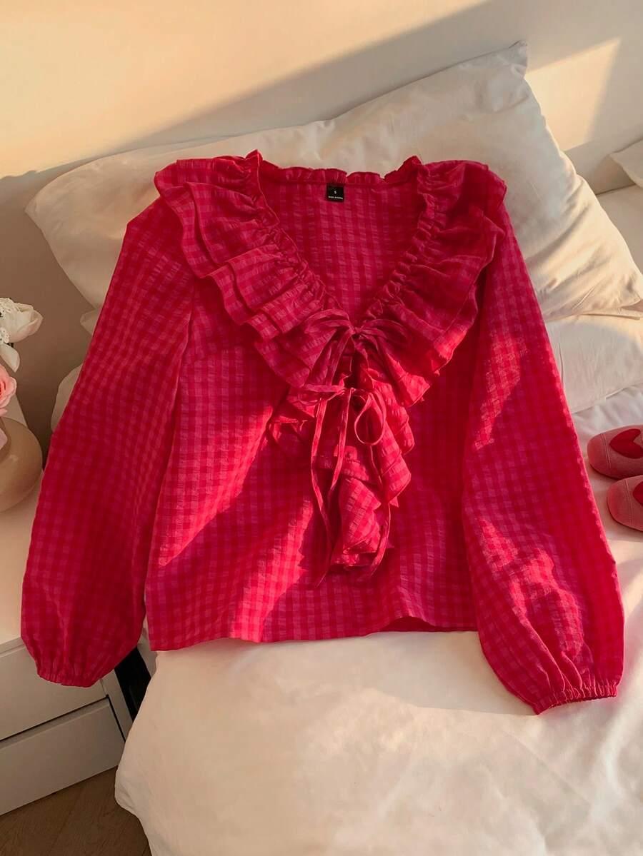bluzka wzór kratka v-neck