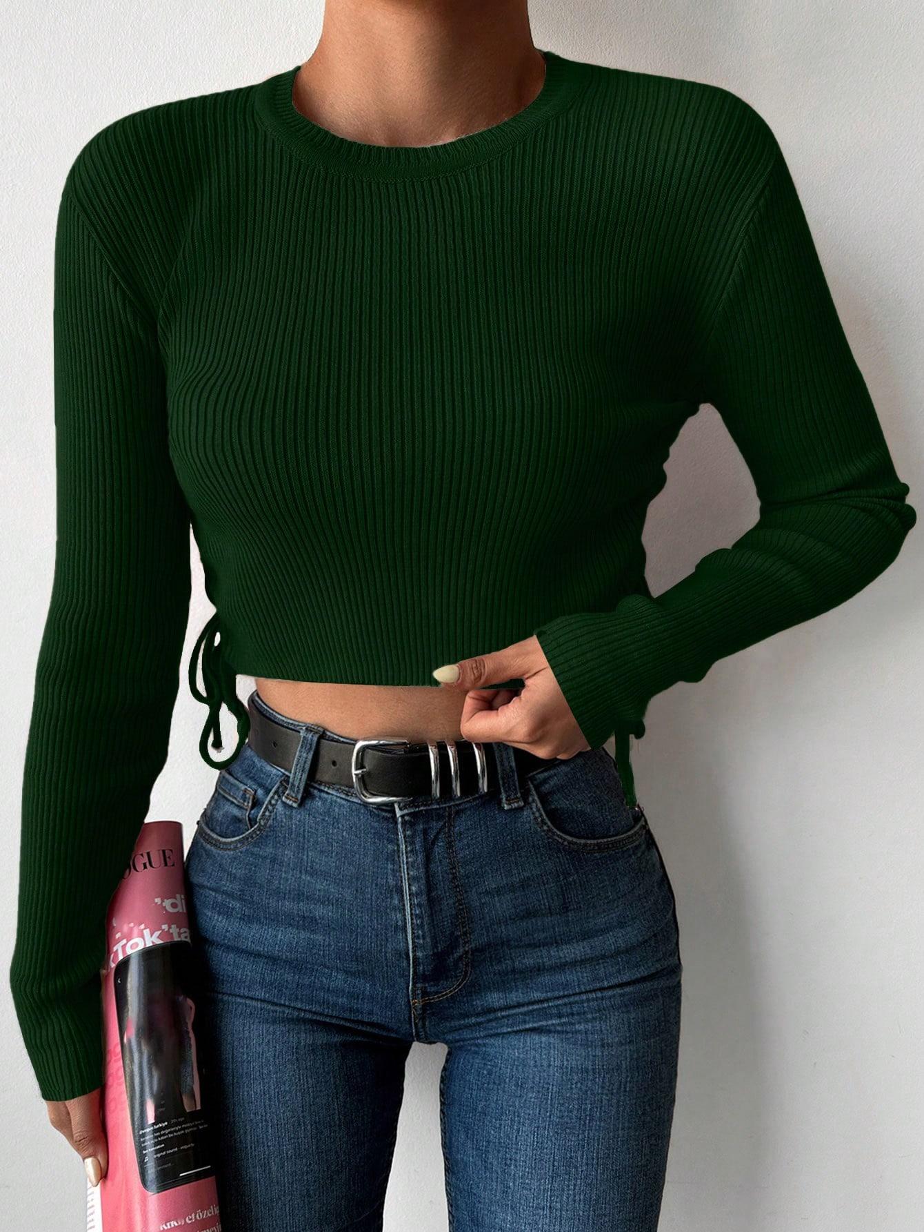 klasyczny zielony krótki sweter prążki ściągacz wiązanie