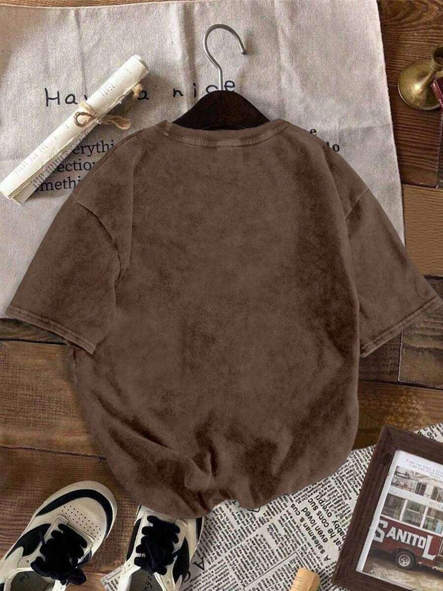 brązowy t-shirt okrągły dekolt