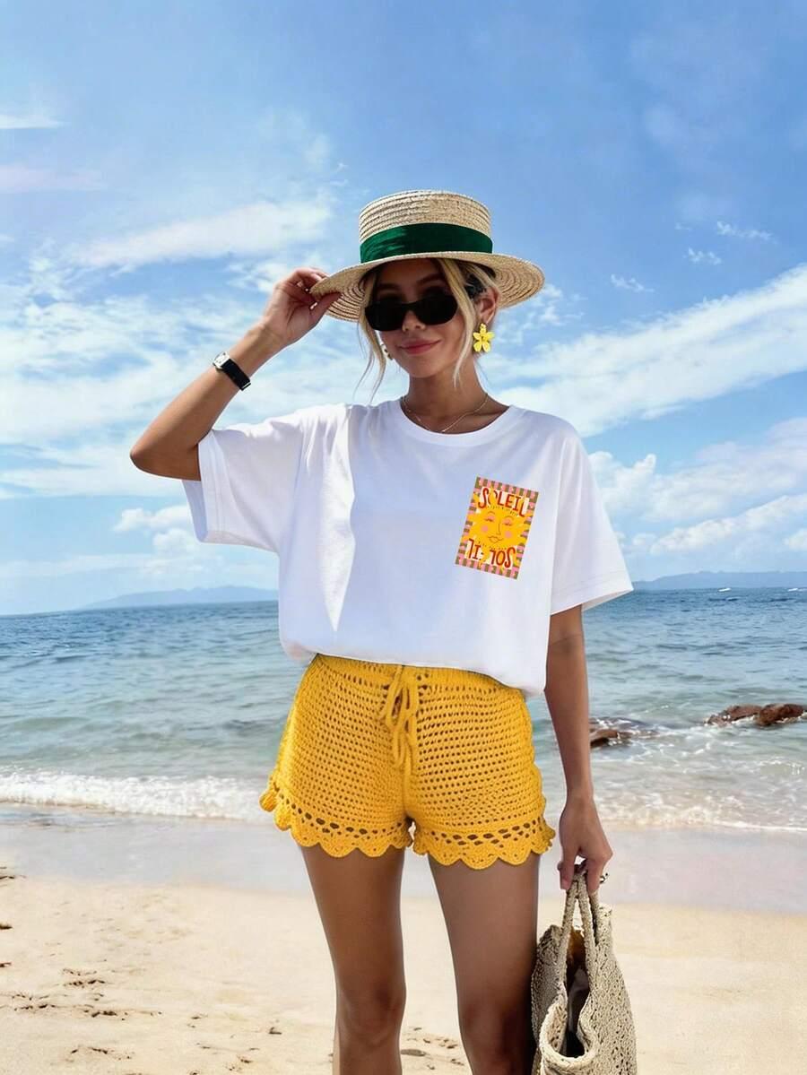 t-shirt okrągły dekolt nadruk 
