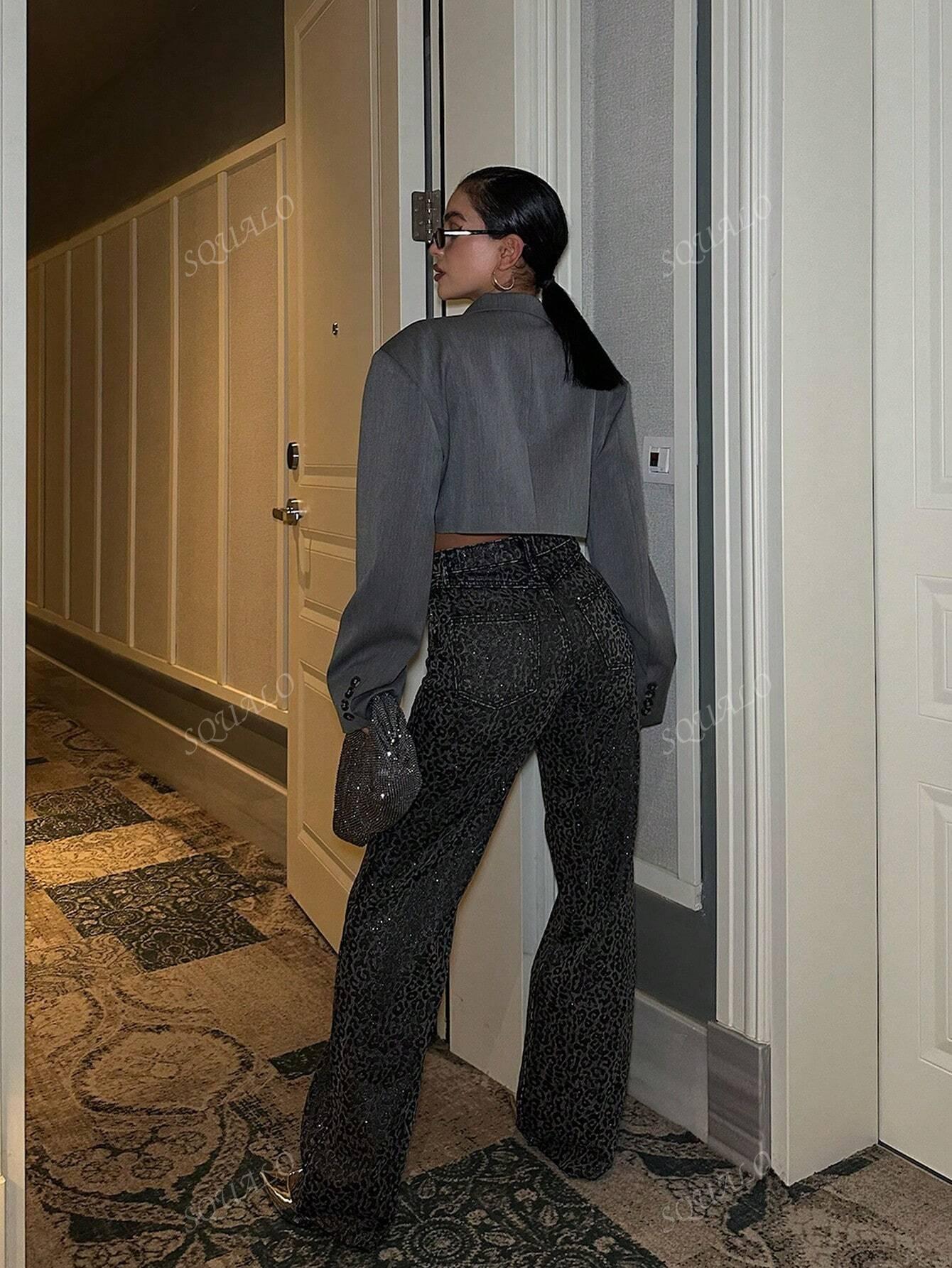 SZARE SPODNIE JEANS LEOPARD PRINT