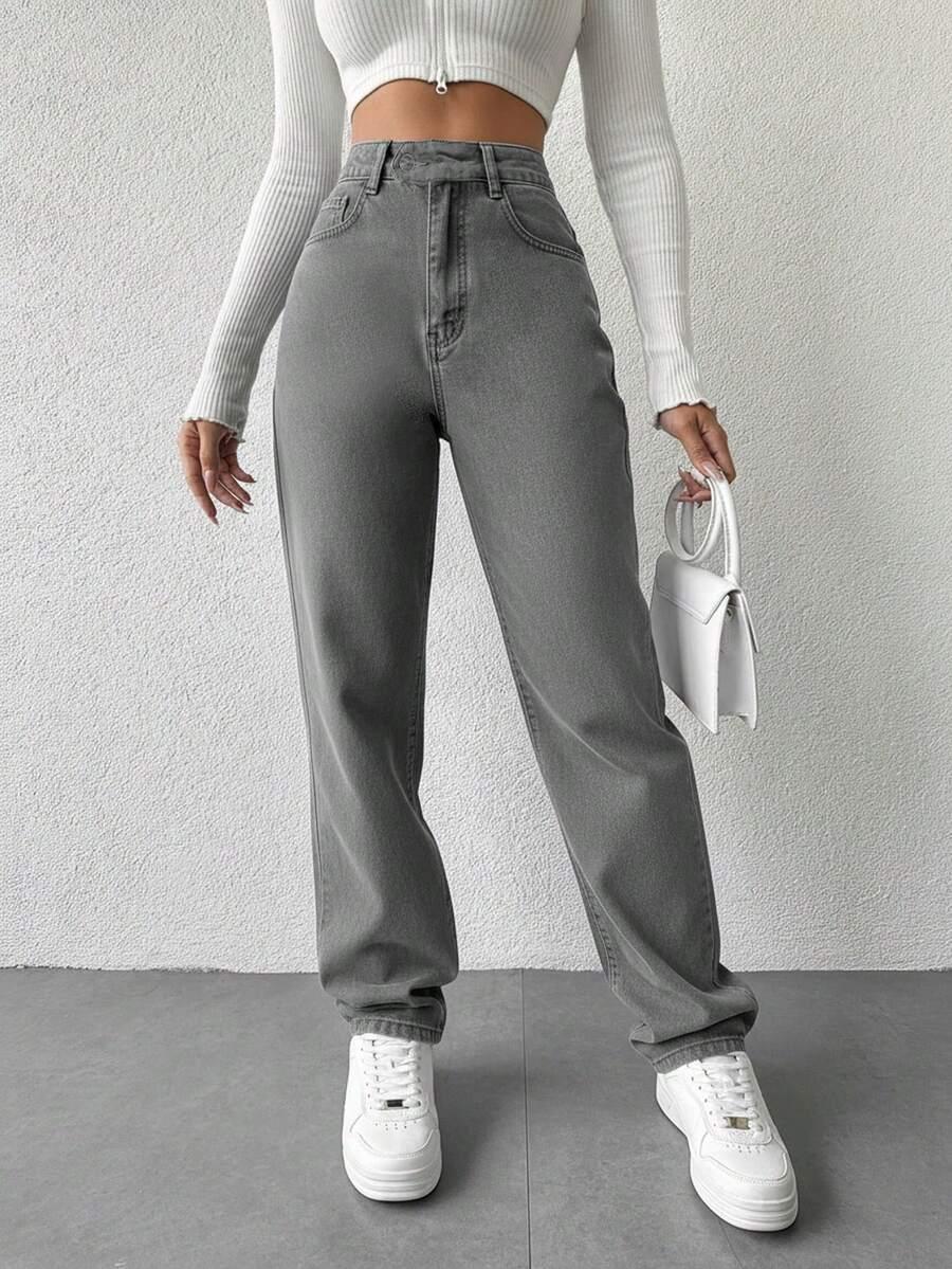 SZARE SPODNIE JEANS WYSOKI STAN