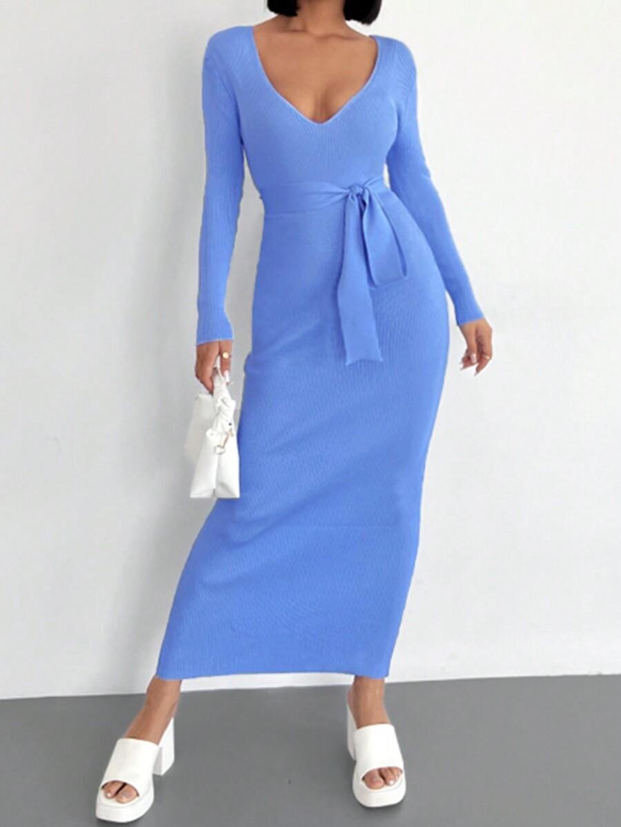 DZIANINOWA MAXI SUKIENKA V NECK PRĄŻKI