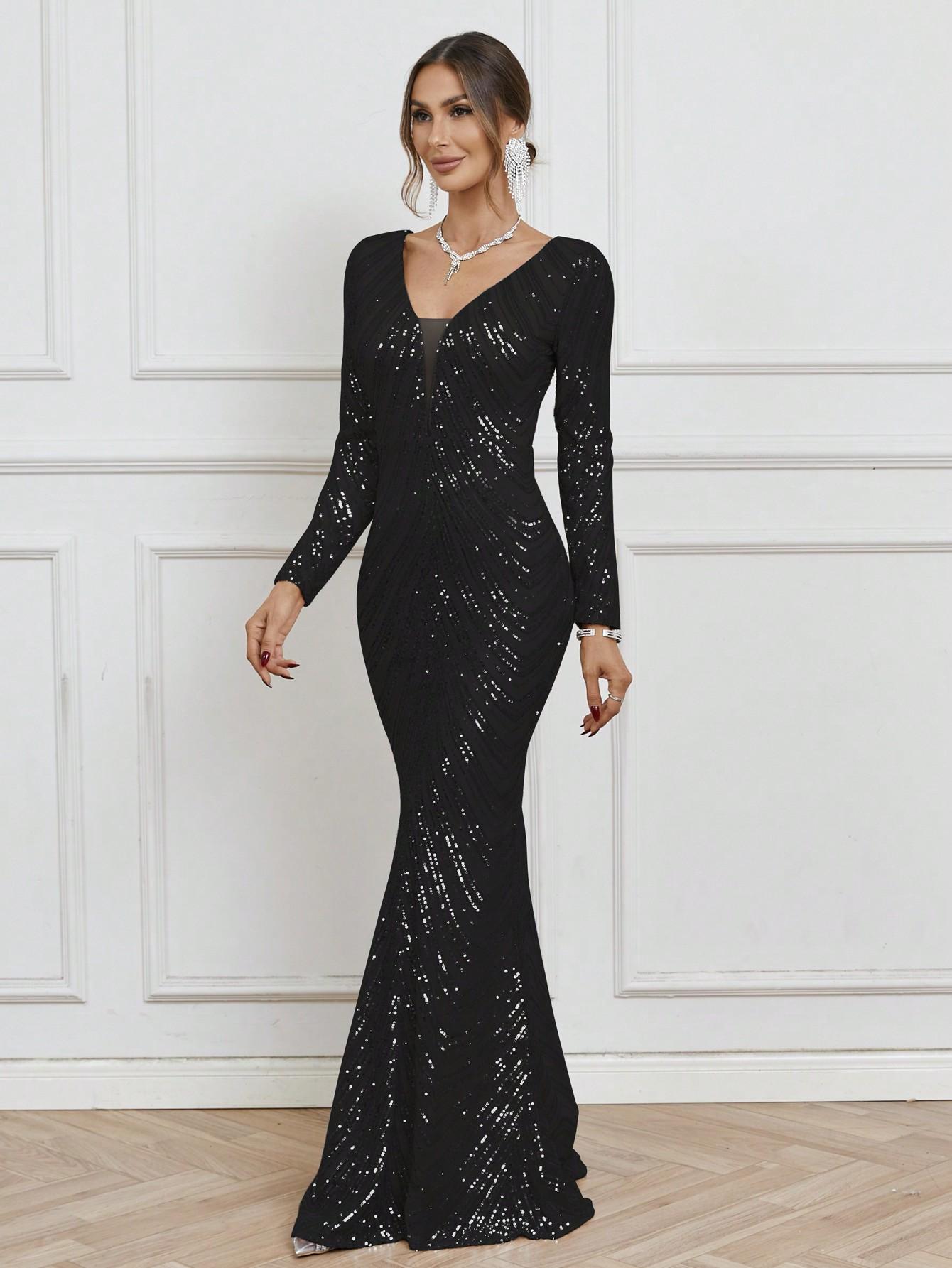 CZARNA MAXI SUKIENKA CEKINY