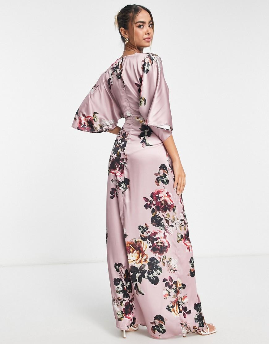 różowa maxi sukienka kwiaty satyna
