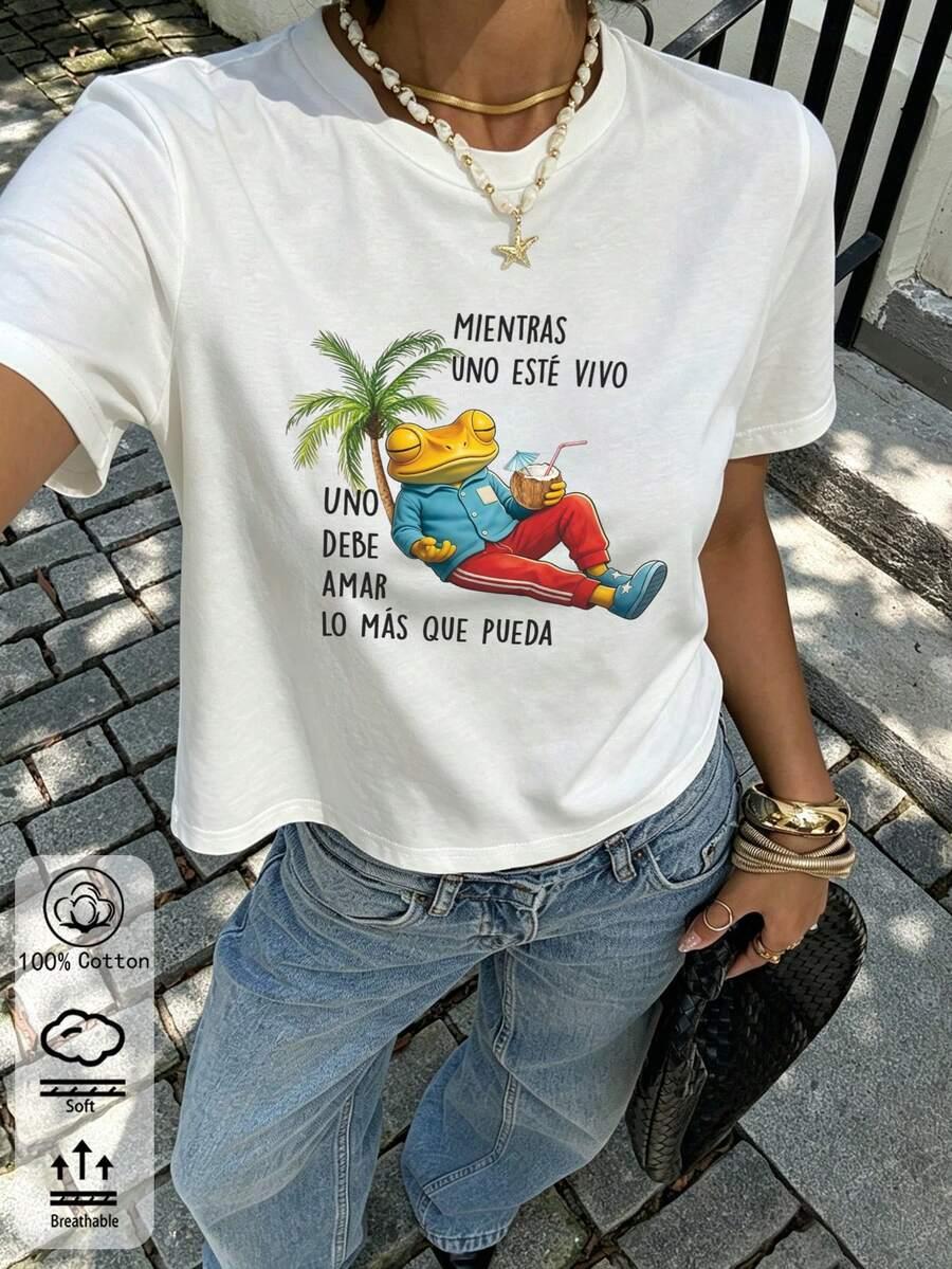 biały t-shirt z nadrukiem okrągły dekolt