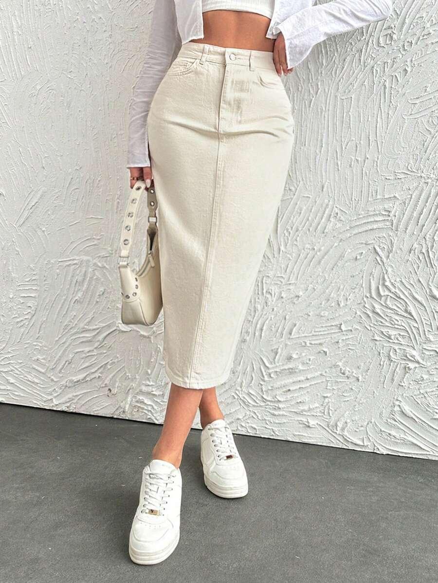 BEŻOWA MIDI SPÓDNICA JEANS