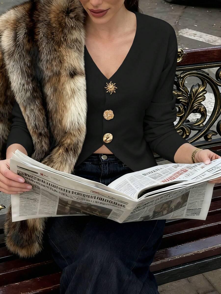 CZARNY DZIANINOWY SWETER ZDOBIENIE 