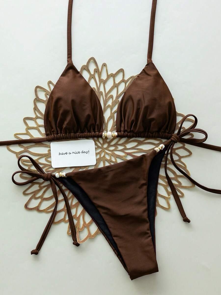 brązowy komplet bikini wiązanie