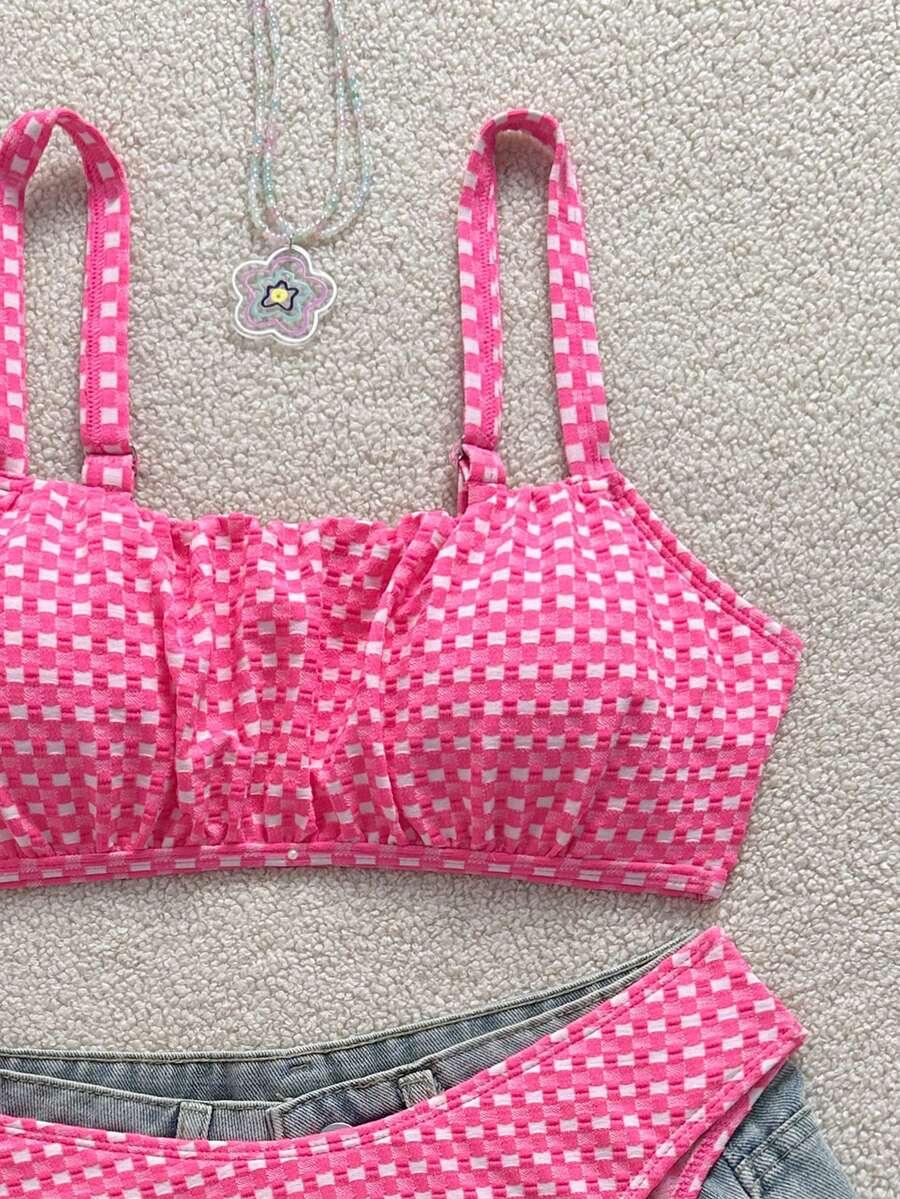 neonowy różowy komplet bikini kratka