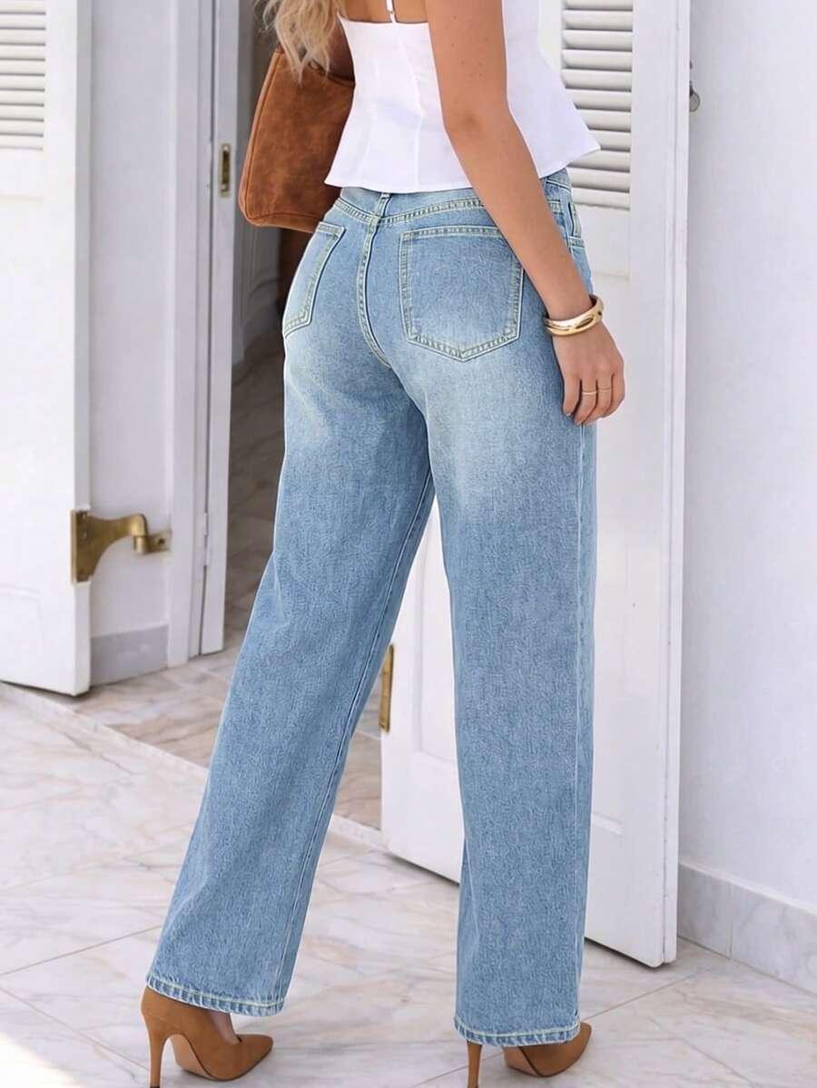 niebieskie proste spodnie jeans