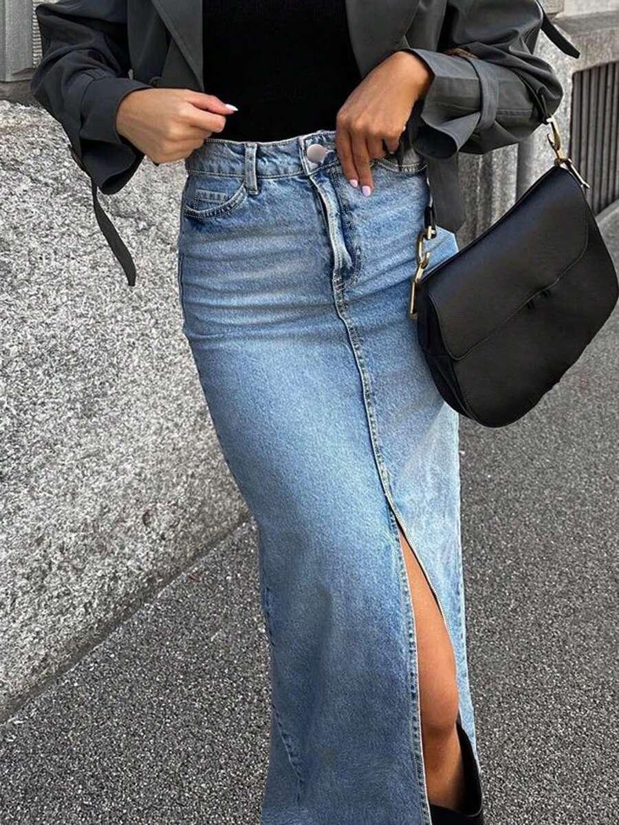 niebieska jeansowa spódnica maxi 