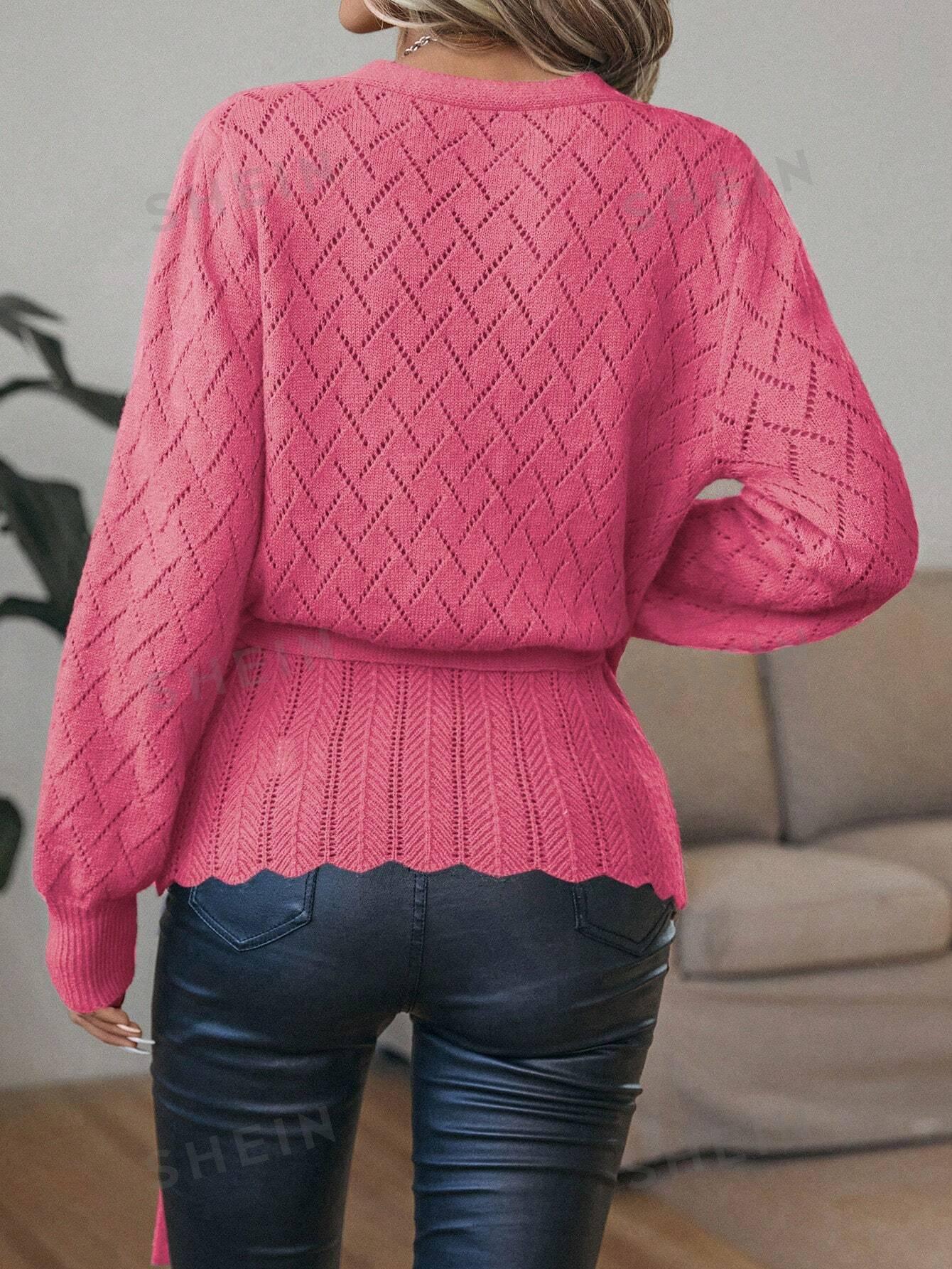 różowy ażurowy sweter wiązanie