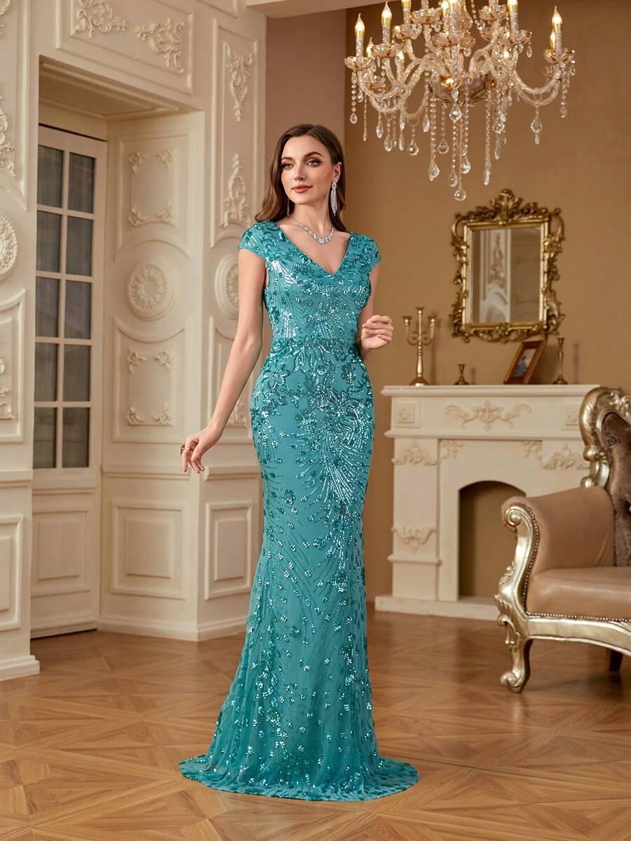 zdobiona maxi sukienka v neck połysk 