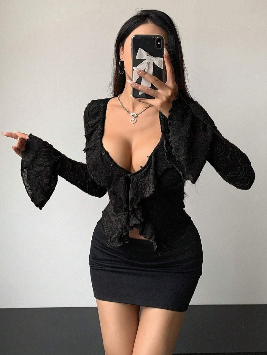 KORONKOWA BLUZKA V-NECK FALBANY