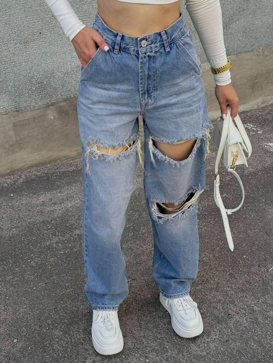 niebieskie spodnie jeans ripped