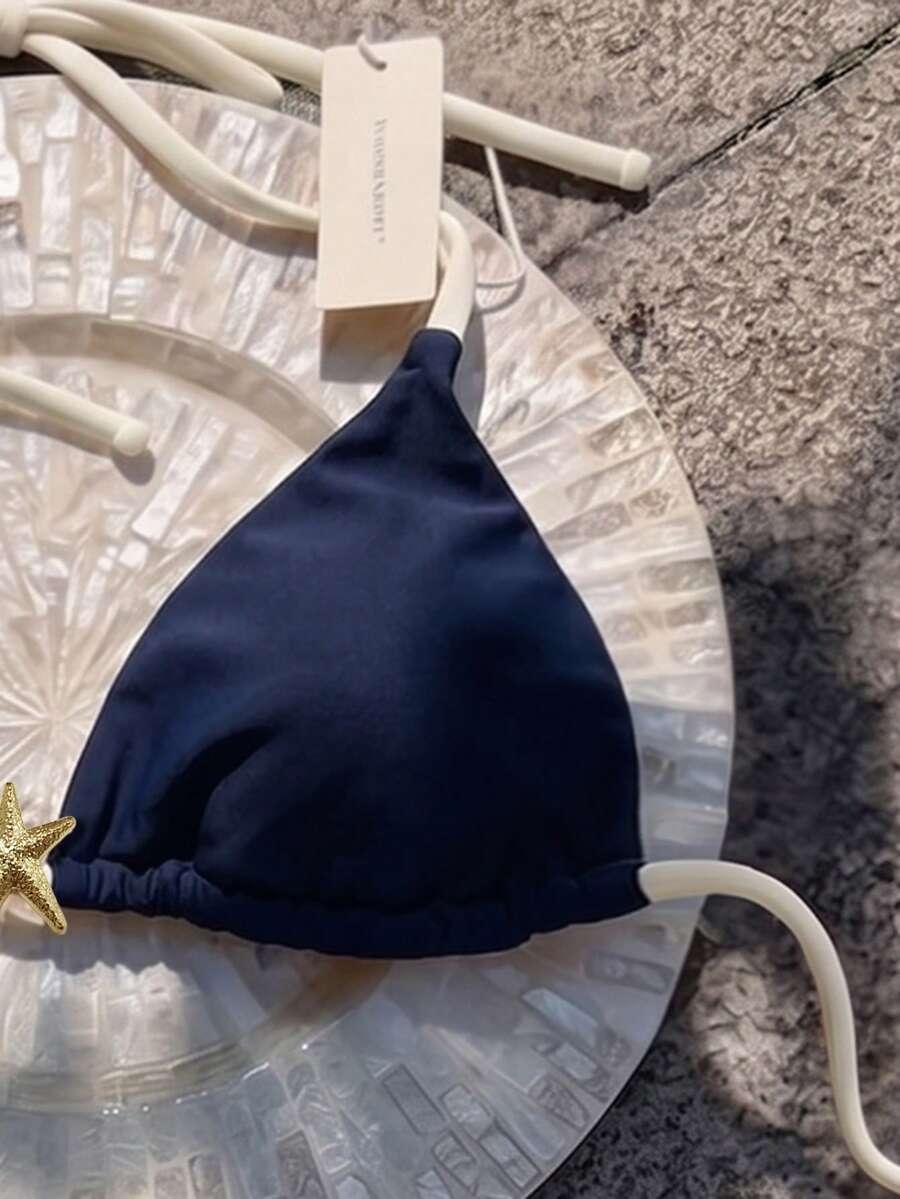 granatowa góra od bikini kontrast zdobienie