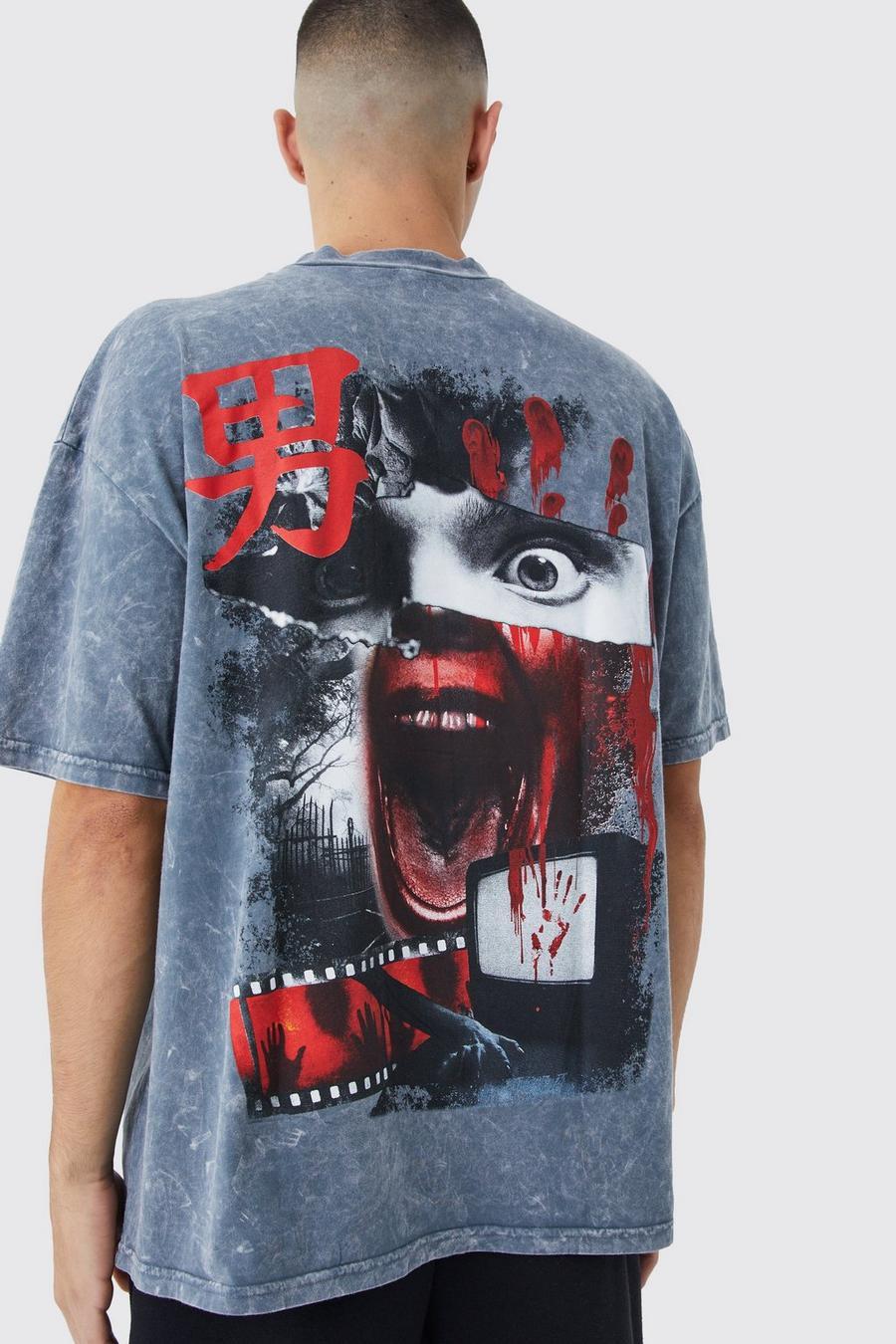 szary t-shirt acid wash effect nadruk oversize