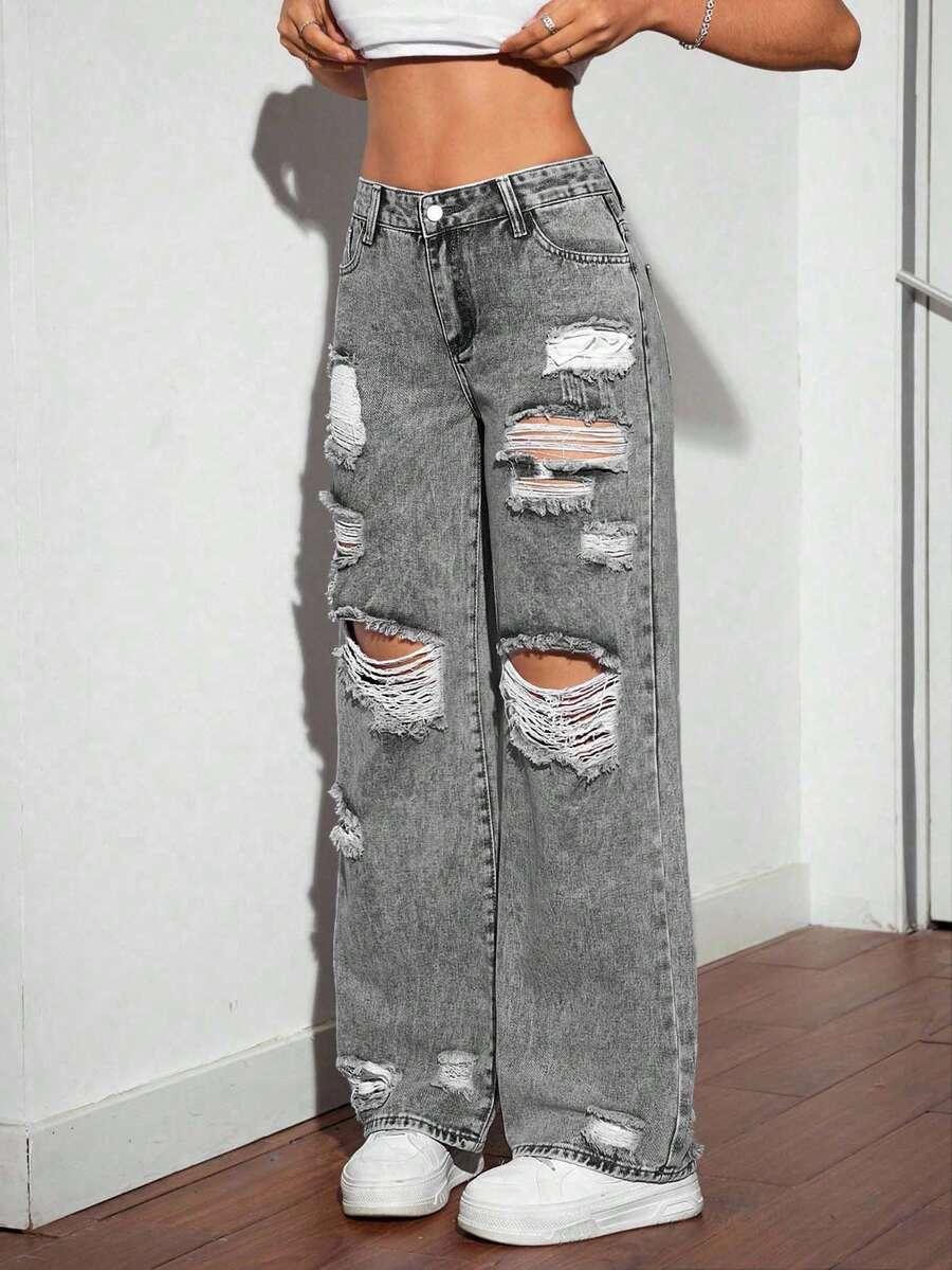 SZARE SPODNIE JEANS przetarcia