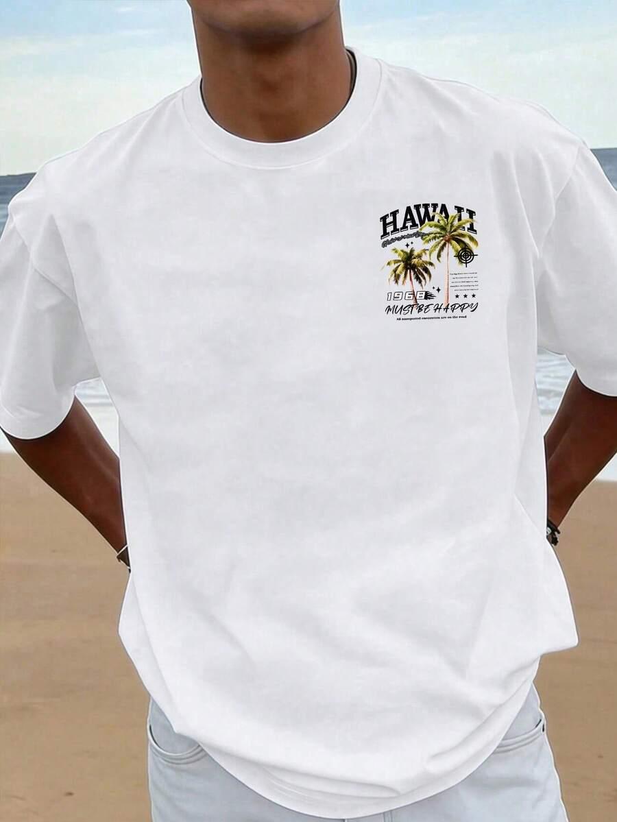 biały t-shirt okrągły dekolt nadruk hawaii