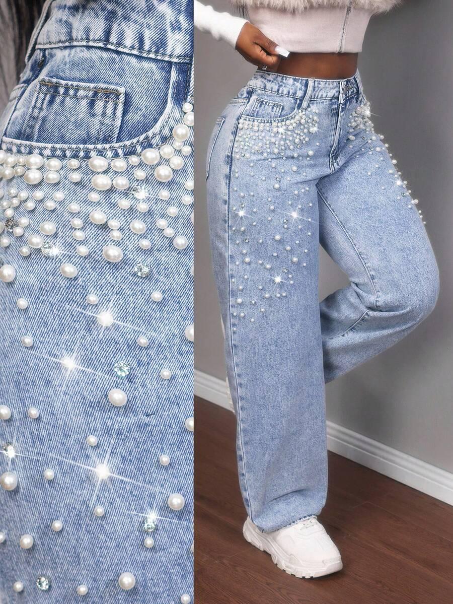 niebieskie spodnie jeans perełki