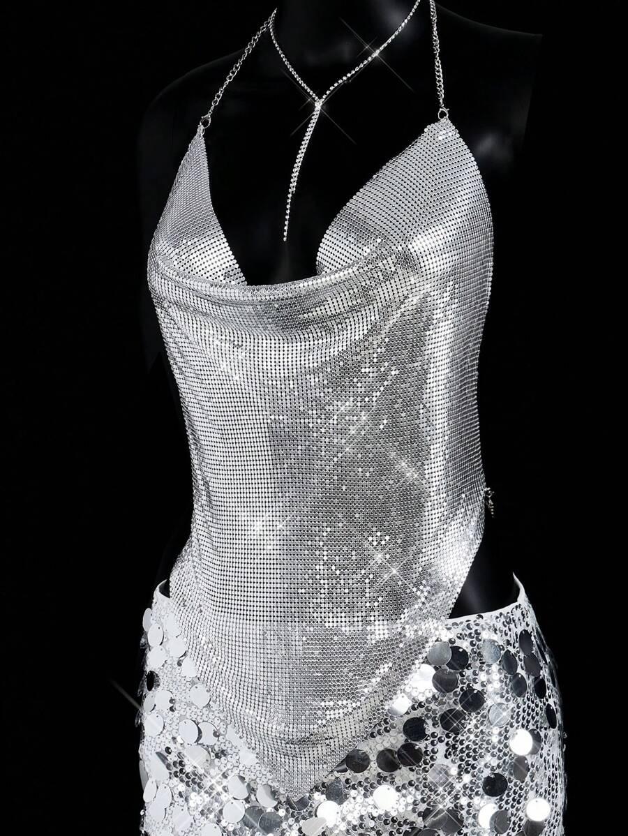 SREBRNY CROP TOP ODKRYTE PLECY 