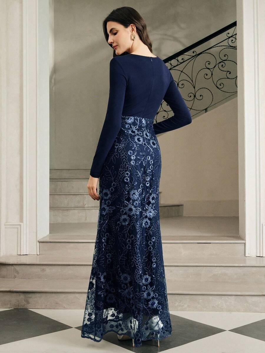 NIEBIESKA MAXI SUKIENKA ZDOBIENIE