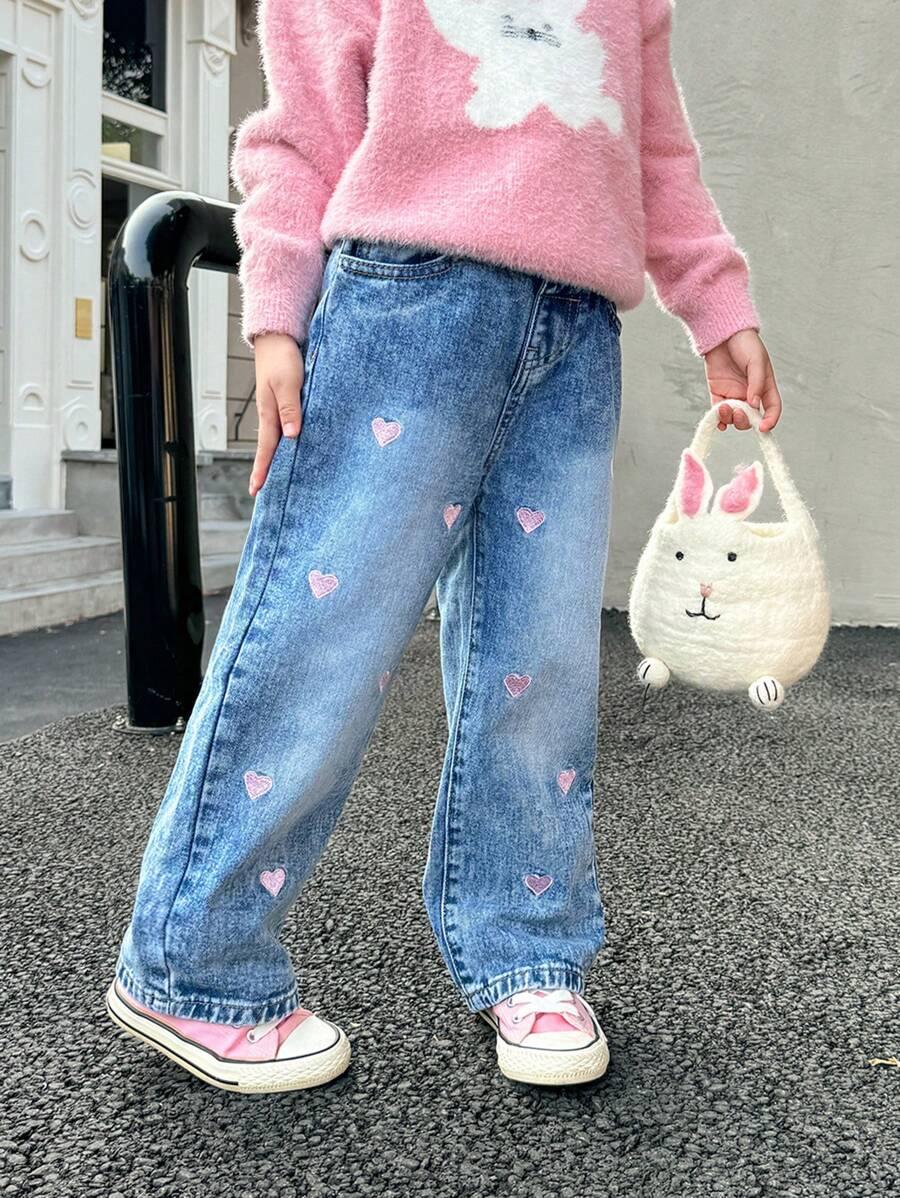 niebieskie spodnie jeans haft serca