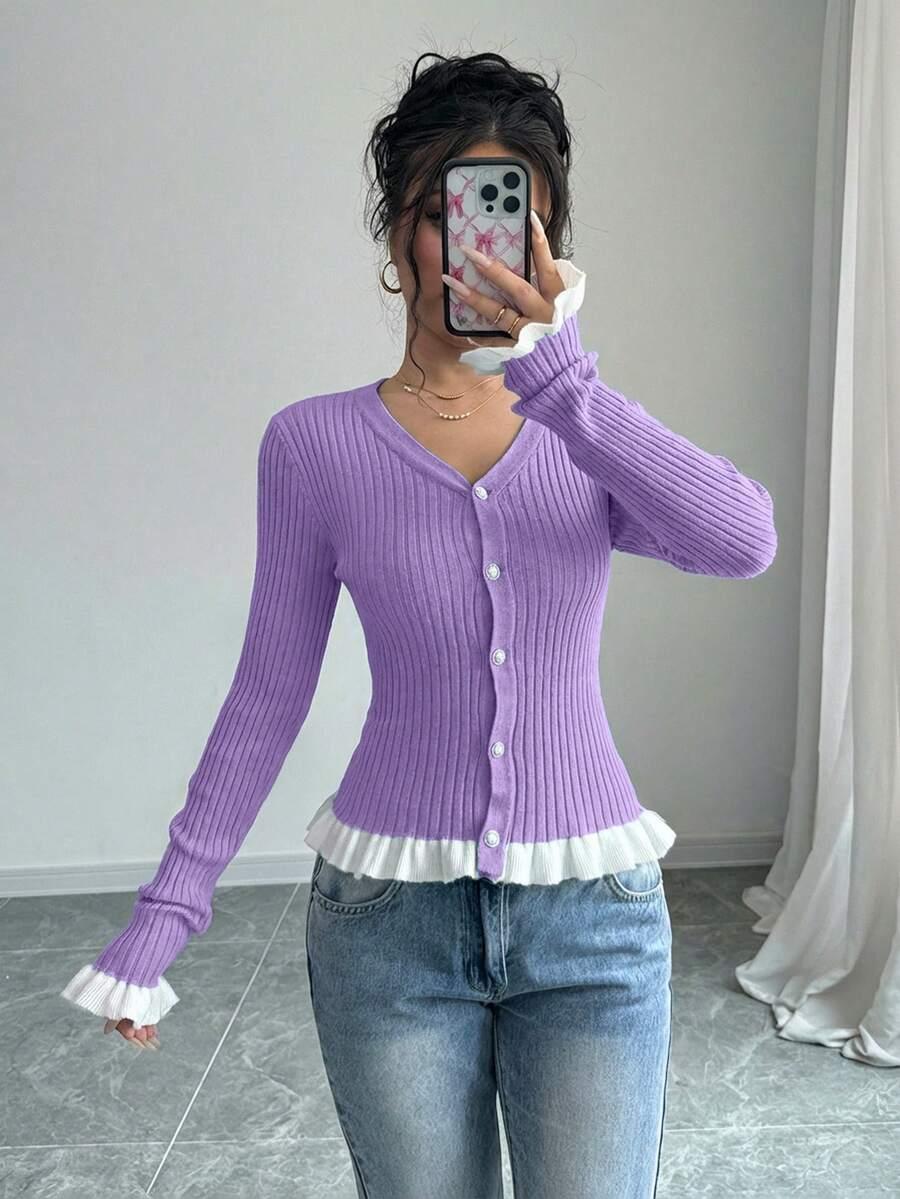 DAMSKI DZIANINOWY SWETER ROZPINANY Z FALBANKĄ 