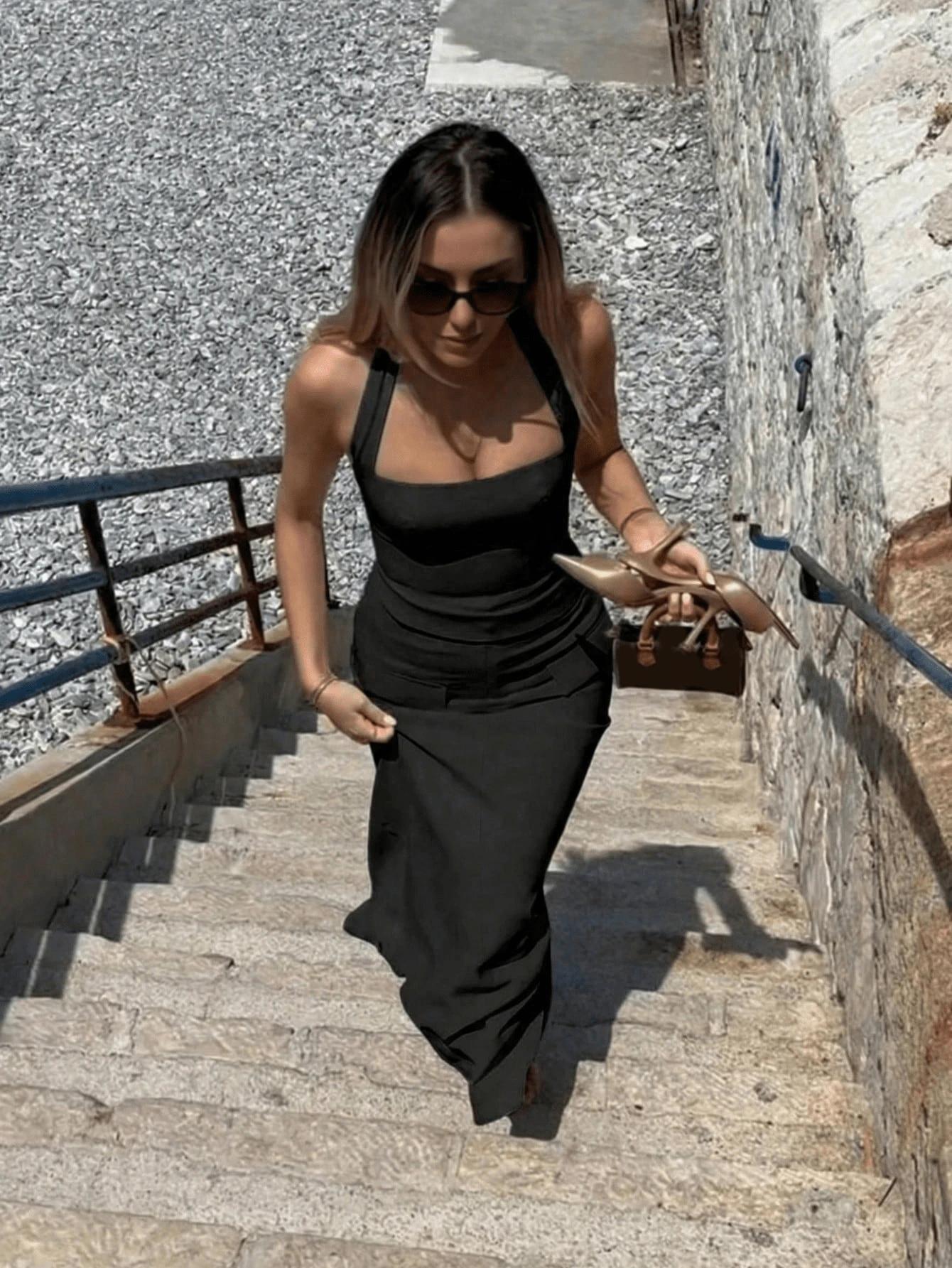 czarna maxi spódnica klapy zamek