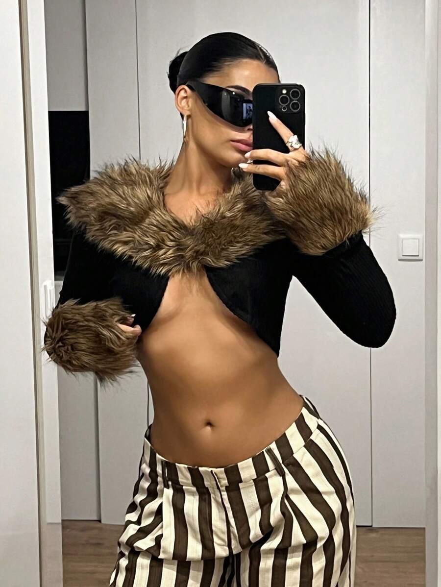 czarny top sztuczne futerko