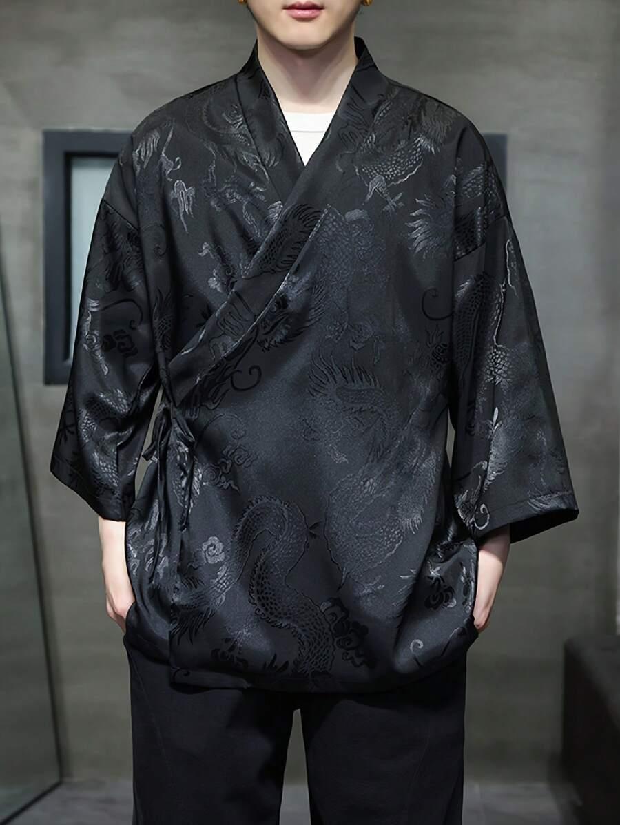 czarna koszula kimono wiązanie 