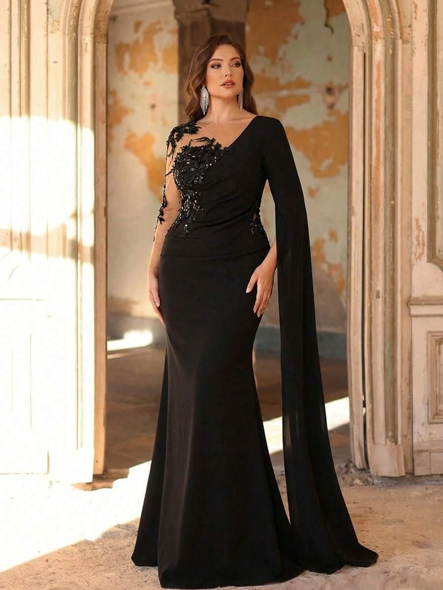 CZARNA MAXI SUKIENKA ZDOBIENIE 